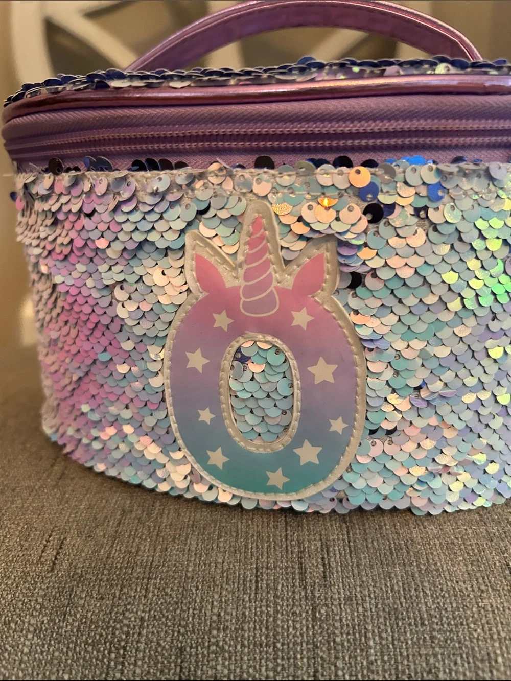 Sequin Unicorn Letter O Kids Carry Case - Iridescent Sequins Purple & Pastel
